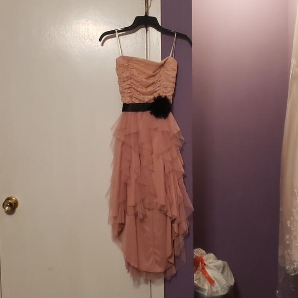 Pink high lo party dress with lace and ruffles - Picture 1 of 3